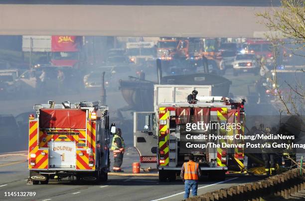 Lakewood, CO Fiery crash on I-70 near Colorado Mills Parkway shuts down highway in both directions. April 25, 2019.