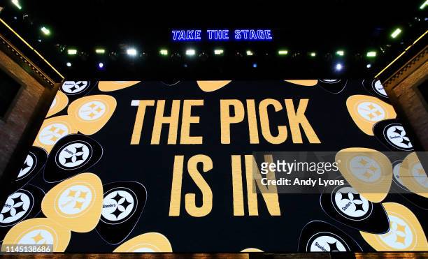 General view of a video board as the Pittsburgh Steelers pick is announced during the first round of the 2019 NFL Draft on April 25, 2019 in...