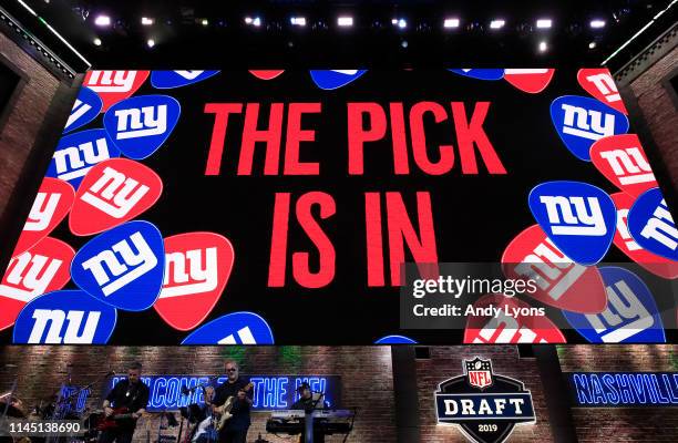 General view of a video board as the New York Giants pick is announced during the first round of the 2019 NFL Draft on April 25, 2019 in Nashville,...