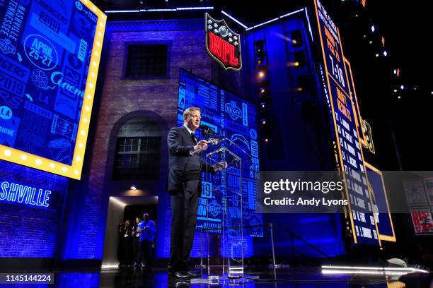 Commissioner Roger Goodell speaks during the first round of the 2019 NFL Draft on April 25, 2019 in Nashville, Tennessee.