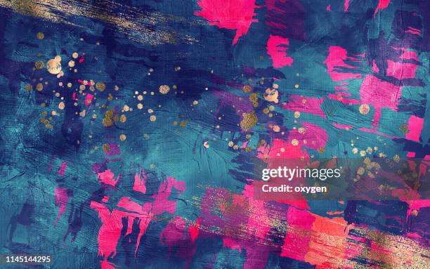 abstract dark blue and magenta texture with gold inclusions background. digital illustration imitating oil painting on canvas - pintura - fotografias e filmes do acervo