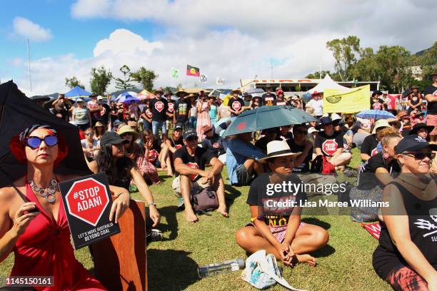 Environment activists and members of the public attend a anti Adani Carmichael Coal Mine rally on April 26, 2019 in Airlie Beach, Australia. Former...