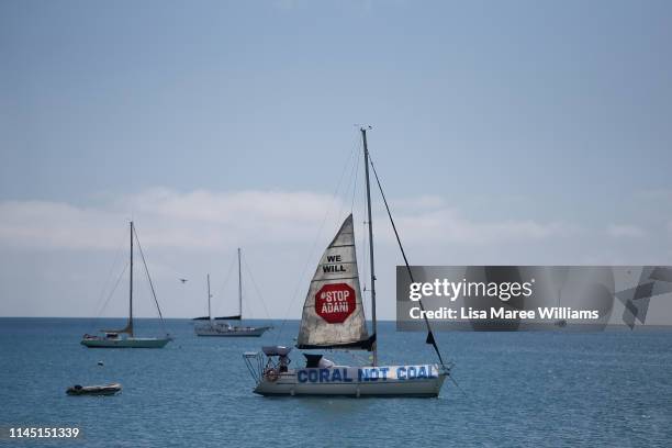 Boat launches a sail in protest to the Adani Carmichael Coal Mine proposal on April 26, 2019 in Airlie Beach, Australia. Former Greens leader and...