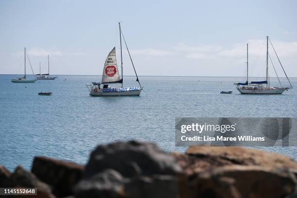 Boat launches a sail in protest to the Adani Carmichael Coal Mine proposal on April 26, 2019 in Airlie Beach, Australia. Former Greens leader and...