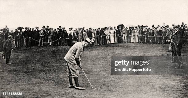 Vintage postcard featuring Leslie Balfour-Melville and Peter Crosar Anderson in golfing action, circa 1896.