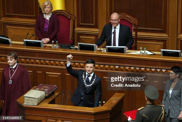 Ukrainian President Volodymyr Zelenskiy takes oath during his presidential oath-taking ceremony at the Ukrainian Parliament in Kiev, Ukraine on May...