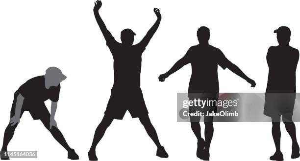 ilustraciones, imágenes clip art, dibujos animados e iconos de stock de silueta hombre estiramiento - brazos estirados