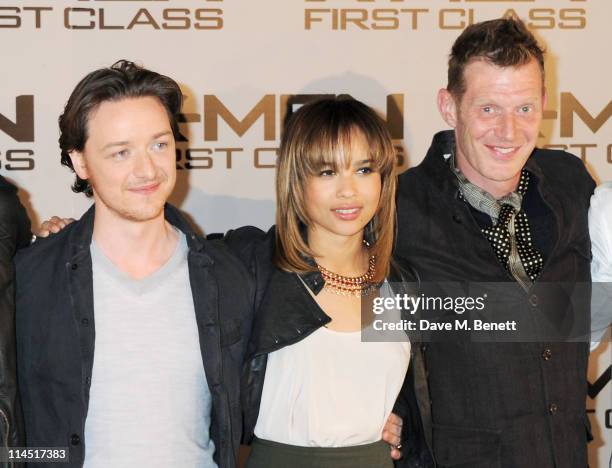 Actors Zoe Kravitz, James McAvoy and Jason Flemyng attend a photocall for X-Men: First Class at The Dorchester on May 23, 2011 in London, England.