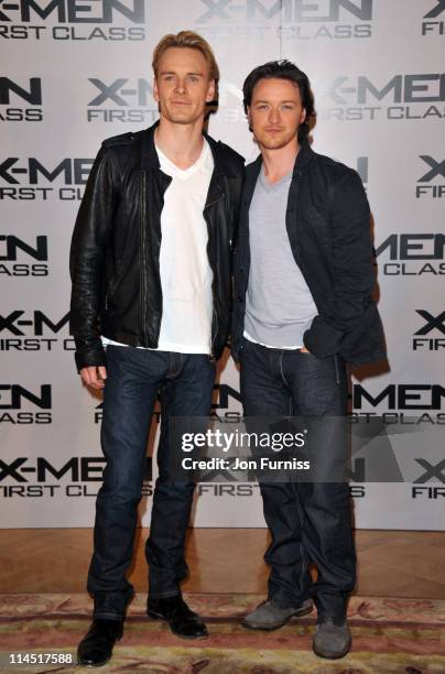 Michael Fassabender and James McAvoy promote the new film 'X-Men: First Class' at The Dorchester on May 23, 2011 in London, England.