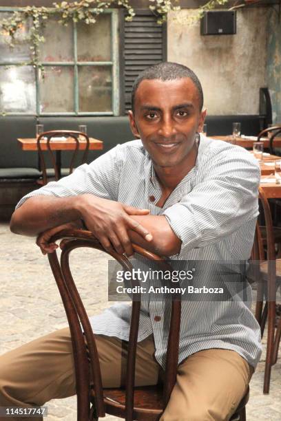 Portrait of Ethiopian-born Swedish chef Marcus Samuelsson in the atrium dining room of his Harlem restaurant, Red Rooster, New York, New York, 2010.