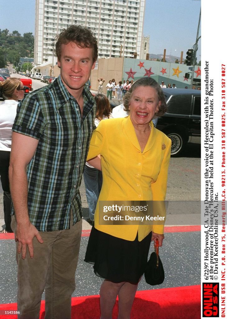 6/22/97 Hollywood, CA. Tate Donovan (the voice of Hercules) with his grandmother at the premiere of 