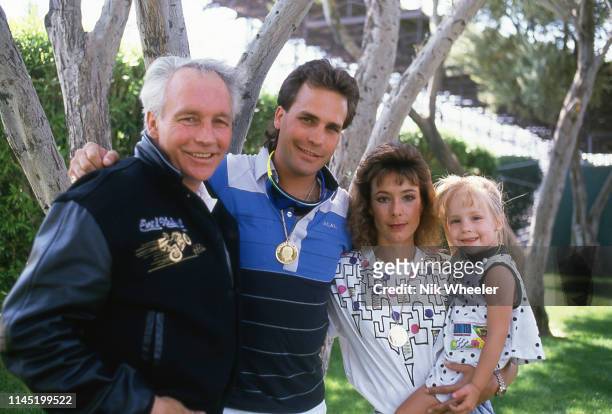 Daredevil Evel Knievel with his son Robbie Knievel and family in Las Vegas Nevada, circa 1989;