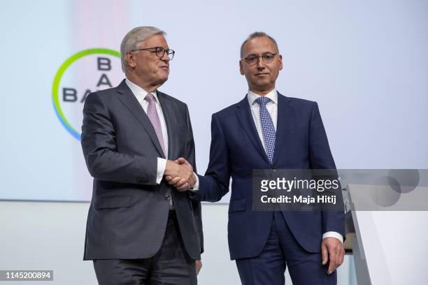 Werner Wenning, Chairman of the Supervisory Board of Bayer AG and Werner Baumann, Chief Executive Officer of Bayer AG pose for a photo prior to the...