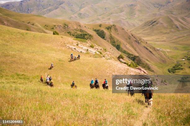 a big group of tourists in line on horseback riding tour near kochkor, kyrgyzstan - central asia stock pictures, royalty-free photos & images