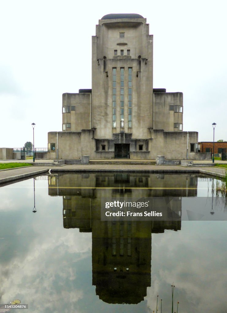 Radio Building with reflections at Radio Kootwijk, the Netherlands