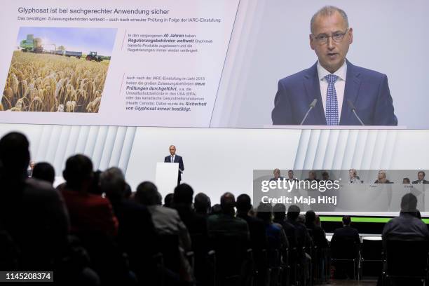 Werner Baumann, Chief Executive Officer of Bayer AG, speaks during annual shareholders meeting of German chemicals and pharmaceuticals conglomerate...