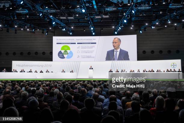 Werner Baumann, Chief Executive Officer of Bayer AG, speaks during annual shareholders meeting of German chemicals and pharmaceuticals conglomerate...
