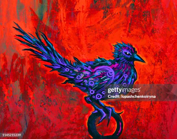 fashionable illustration modern artwork allegory my original oil painting on canvas impressionism fantasy symbolic horizontal portrait beautiful fairy bird with bright plumage - roadrunner cutout stock illustrations