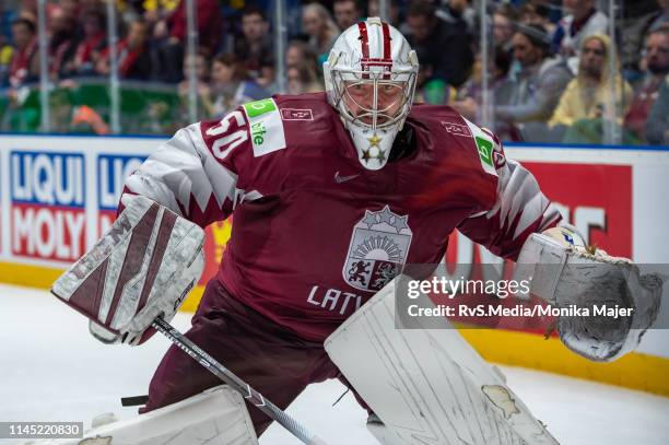 Goalie Kristers Gudlevskis of Latvia in action during the 2019 IIHF Ice Hockey World Championship Slovakia group game between Sweden and Latvia at...
