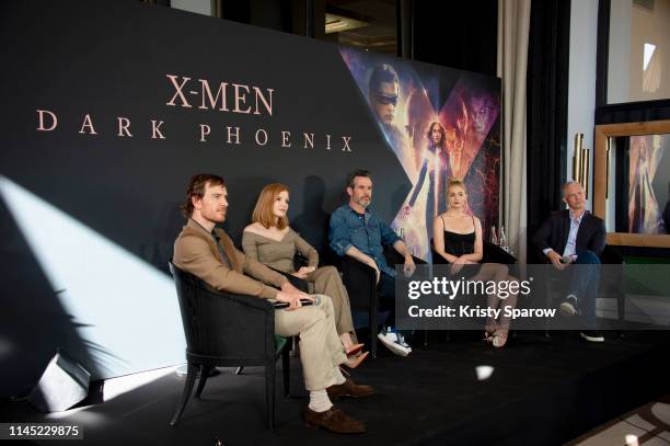 Actor Michael Fassbender, Actress Jessica Chastain, Director Simon Kinberg, Actress Sophie Turner and Producer Hutch Parker attend the "X-Men Dark...