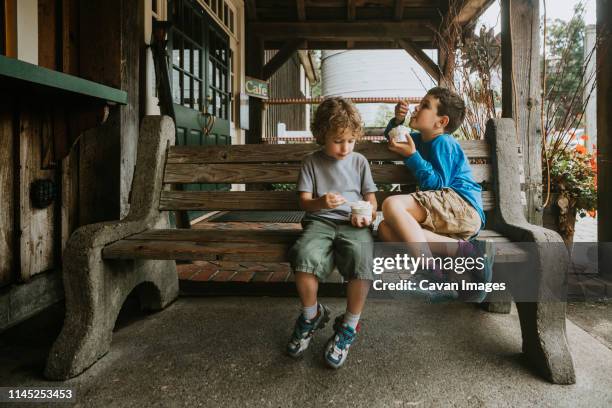 full length of brothers eating ice cream from cups while sitting on bench - ice cream cup stock-fotos und bilder