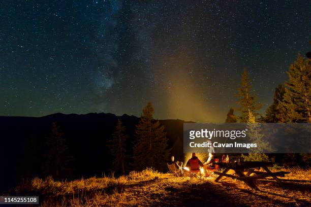 friends camping on mountain against star field at night - camp fire - fotografias e filmes do acervo
