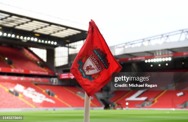 General view of a corner flag inside the stadium prior to the Premier League match between Liverpool FC and Huddersfield Town at Anfield on April 26,...