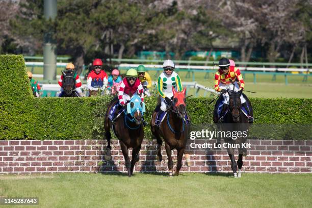 Jockey Shinichi Ishigami riding Oju Chosan wins the Race 11 Nakayama Grand Jump at Nakayama Racecourse on April 13, 2019 in Funabashi, Chiba...