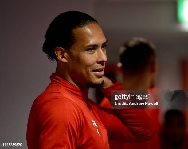 Virgil van Dijk of Liverpool before the Premier League match between Liverpool FC and Huddersfield Town at Anfield on April 26, 2019 in Liverpool,...