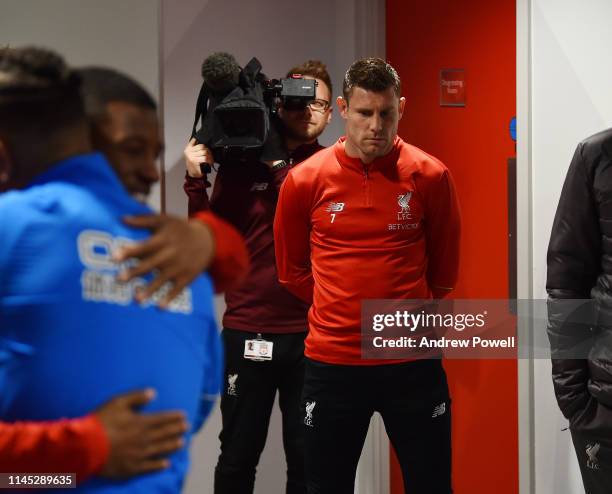 James Milner of Liverpool before the Premier League match between Liverpool FC and Huddersfield Town at Anfield on April 26, 2019 in Liverpool,...