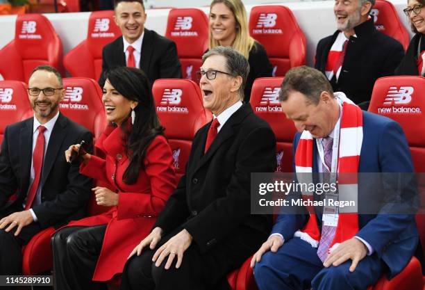 Liverpool owner John W. Henry and wife, Linda Pizzuti sit on the bench prior to the Premier League match between Liverpool FC and Huddersfield Town...