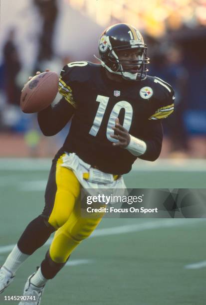 Kordell Stewart of the Pittsburgh Steelers looks to pass against the Denver Broncos during an NFL football game December 7, 1997 at Three Rivers...