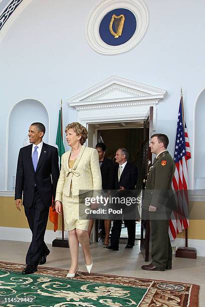 President Barack Obama and Irish President Mary McAleese depart Aras an Uachtarain, the official residence of the President of Ireland, ahead of Dr....