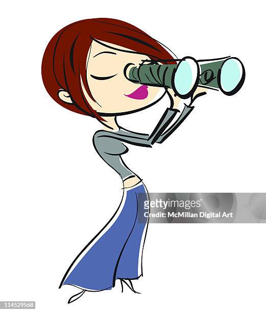 illustrations, cliparts, dessins animés et icônes de woman looking through binoculars - femme debout brune et cheveux courts et en pied et fond blanc