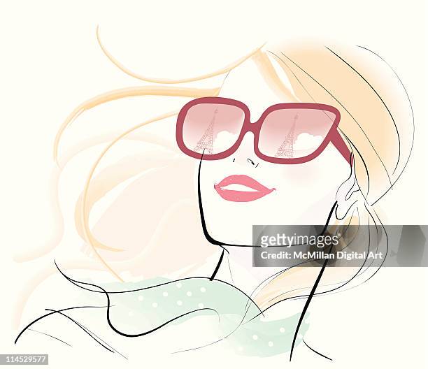 woman with eiffel tower reflected in sunglasses - blonde attraction stock illustrations