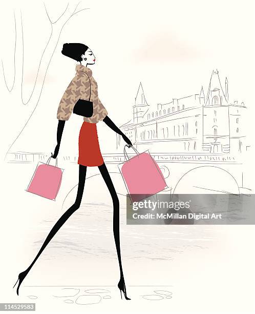 bildbanksillustrationer, clip art samt tecknat material och ikoner med woman carrying shopping bags - bågbro