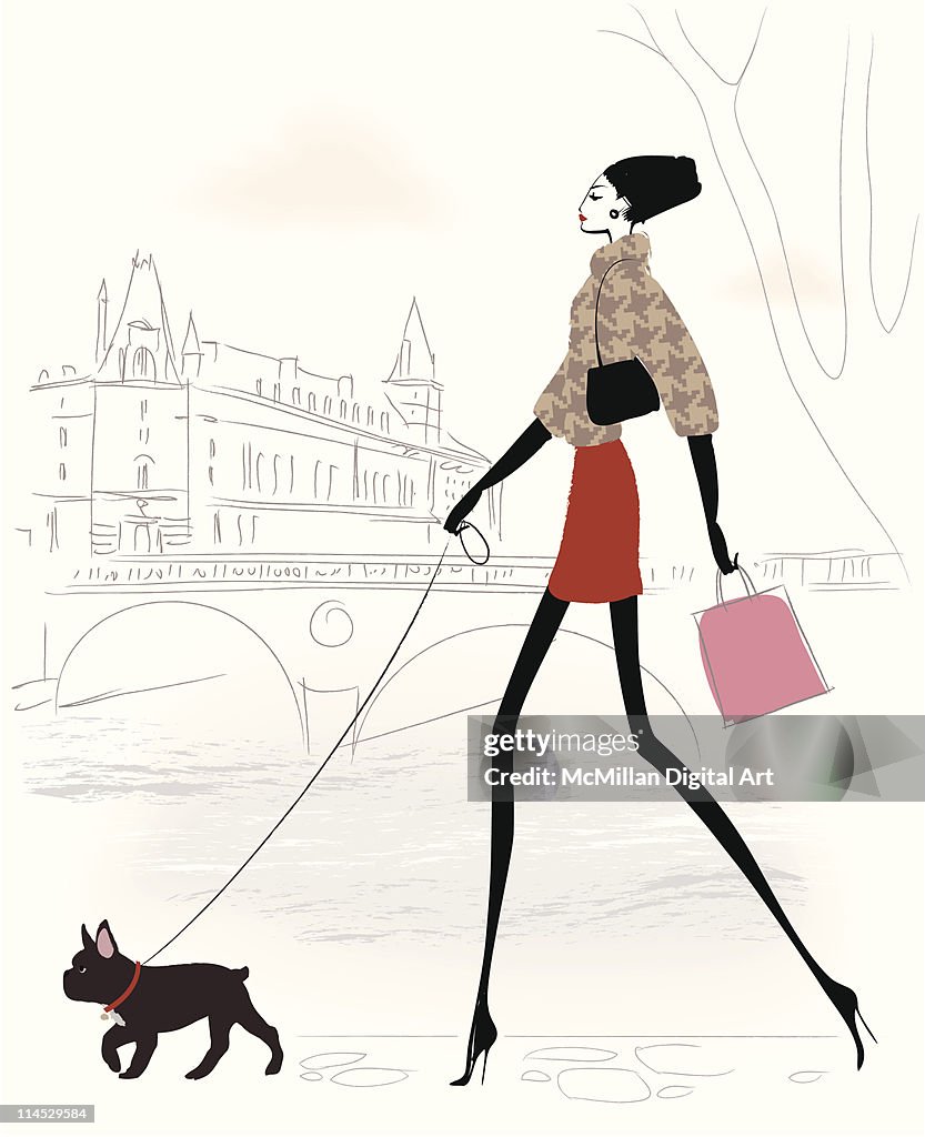Woman Walking Dog Carrying Shopping Bags High-Res Vector Graphic ...