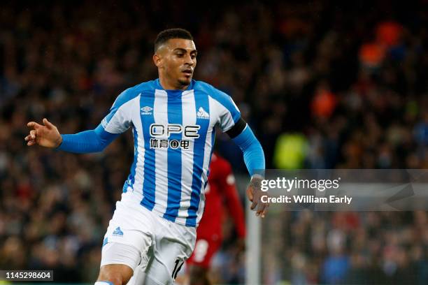 Karlan Grant of Huddersfield Town during the Premier League match between Liverpool FC and Huddersfield Town at Anfield on April 26, 2019 in...