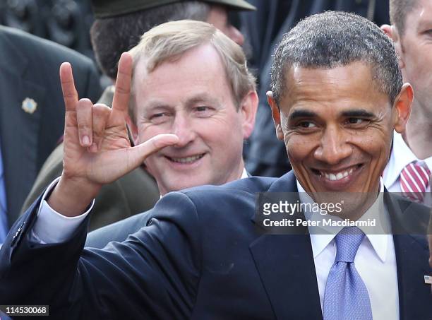President Barack Obama gestures after speaking in College Green as Irish Prime Minister Enda Kenny looks on on May 23, 2011 in Dublin, Ireland. U.S....