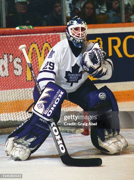 Felix Potvin of the Toronto Maple Leafs skates against the Mighty Ducks of Anaheim during NHL game action on February 23 at Maple Leaf Gardens in...