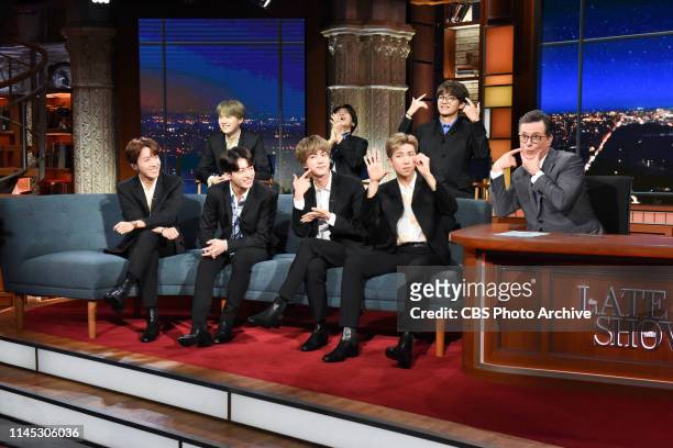 The Late Show with Stephen Colbert and guests BTS during Wednesday's May 15, 2019 show.