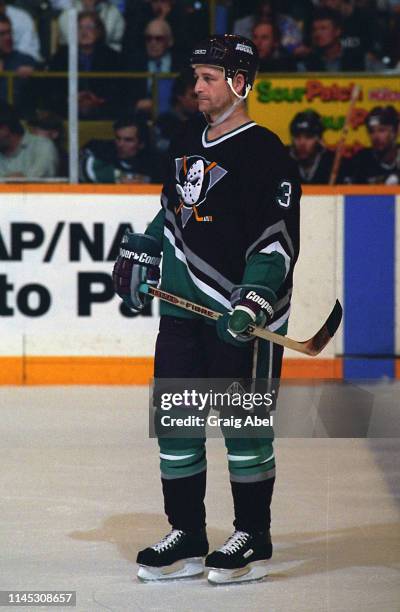 Jason York of the Mighty Ducks of Anaheim skates against the Toronto Maple Leafs during NHL game action on February 23 at Maple Leaf Gardens in...