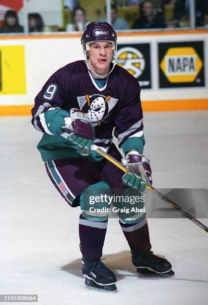 Paul Kariya of the Mighty Ducks of Anaheim skates against the Toronto Maple Leafs during NHL game action on February 23 at Maple Leaf Gardens in...