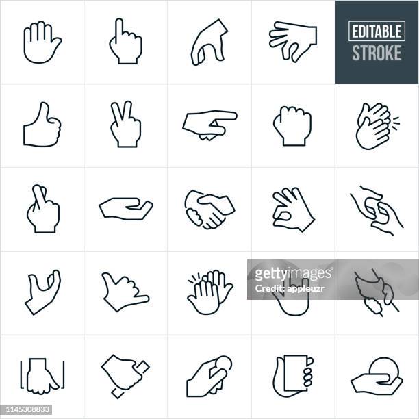 illustrazioni stock, clip art, cartoni animati e icone di tendenza di gesti della mano icone linea sottile - tratto modificabile - gesturing