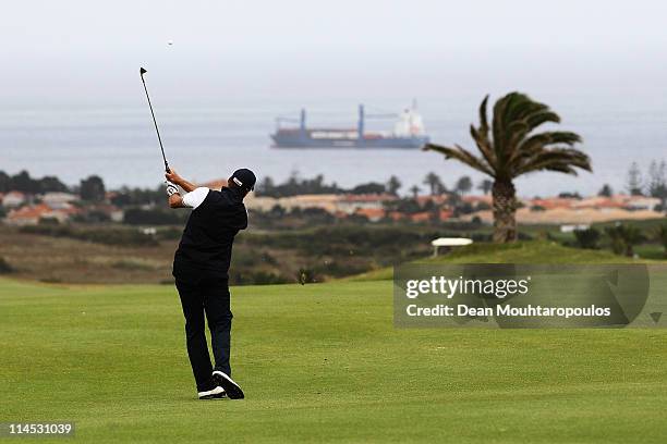 Francois Delamontagne of Fance hits his second shot on the 16th hole during the final day of the Madeira Islands Open on May 22, 2011 in Porto Santo...