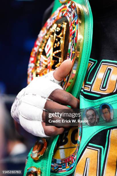 World Heavyweight Title: Closeup of Deontay Wilder's hands holding belt after fight vs Dominic Breazeale at the Barclays Center. Wilder won by KO in...