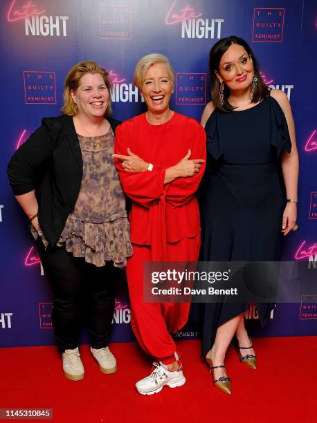 Katy Brand, Dame Emma Thompson and Deborah Frances-White attend a Gala Screening of "Late Night" at Picturehouse Central on May 20, 2019 in London,...
