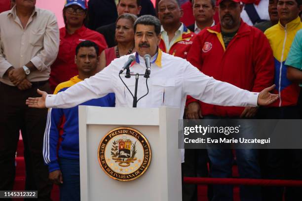 President of Venezuela Nicolas Maduro speaks during a demonstration summoned by Partido Socialista Unido de Venezuela at Palacio de Miraflores on May...