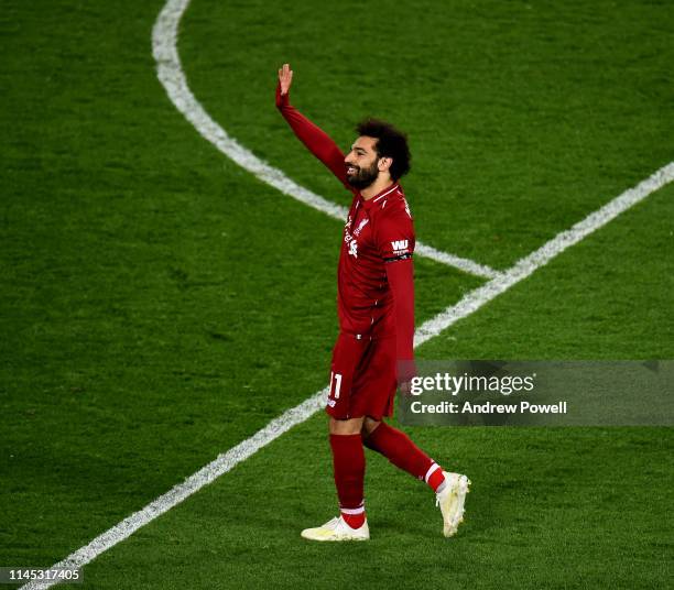Mohamed Salah of Liverpool celebrates after scoring a goal during the Premier League match between Liverpool FC and Huddersfield Town at Anfield on...
