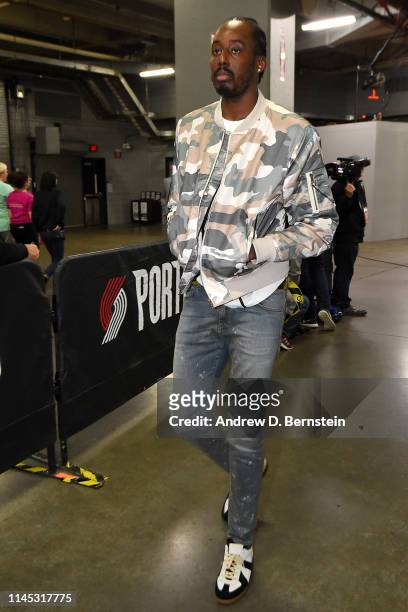 Al-Farouq Aminu of the Portland Trail Blazers arrives before Game Four of the Western Conference Finals against the Golden State Warriors on May 20,...